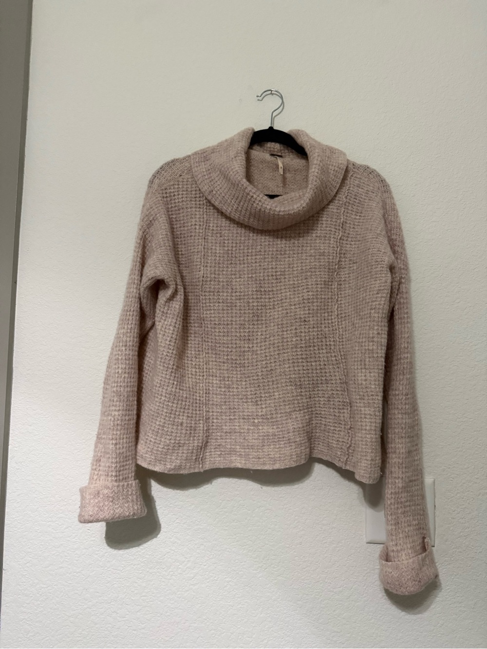 Free People Cream/Pink Wool Cowl Neck Waffle Knit Sweater